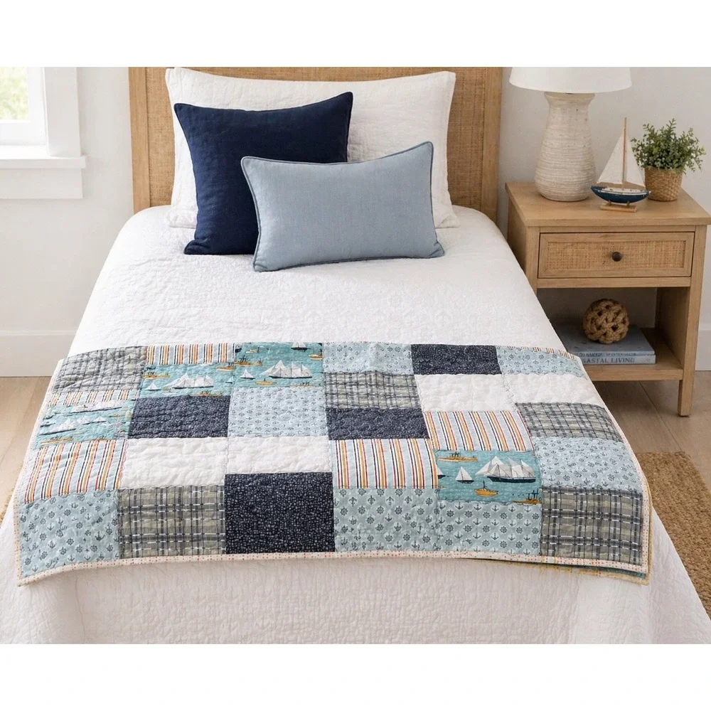 Handmade Nautical Sailboat Quilt Blue Coastal Patchwork 44x36